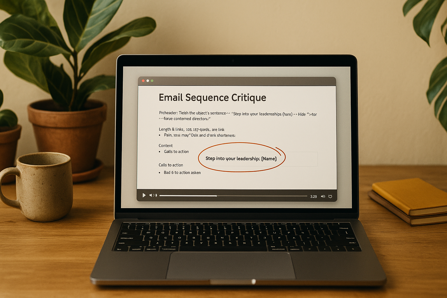 A laptop displaying an email sequence critique, highlighting "Step into your leadership: [Name]," on a wooden desk with plants. AI Generated Image.