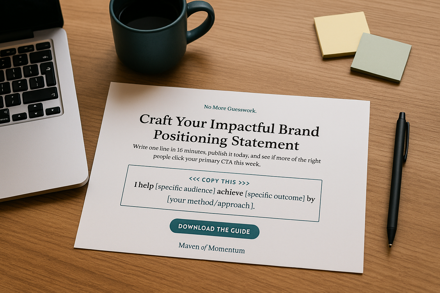 A workspace featuring a laptop, coffee mug, and a guide to crafting a brand positioning statement, encouraging quick engagement. AI Generated Image.
