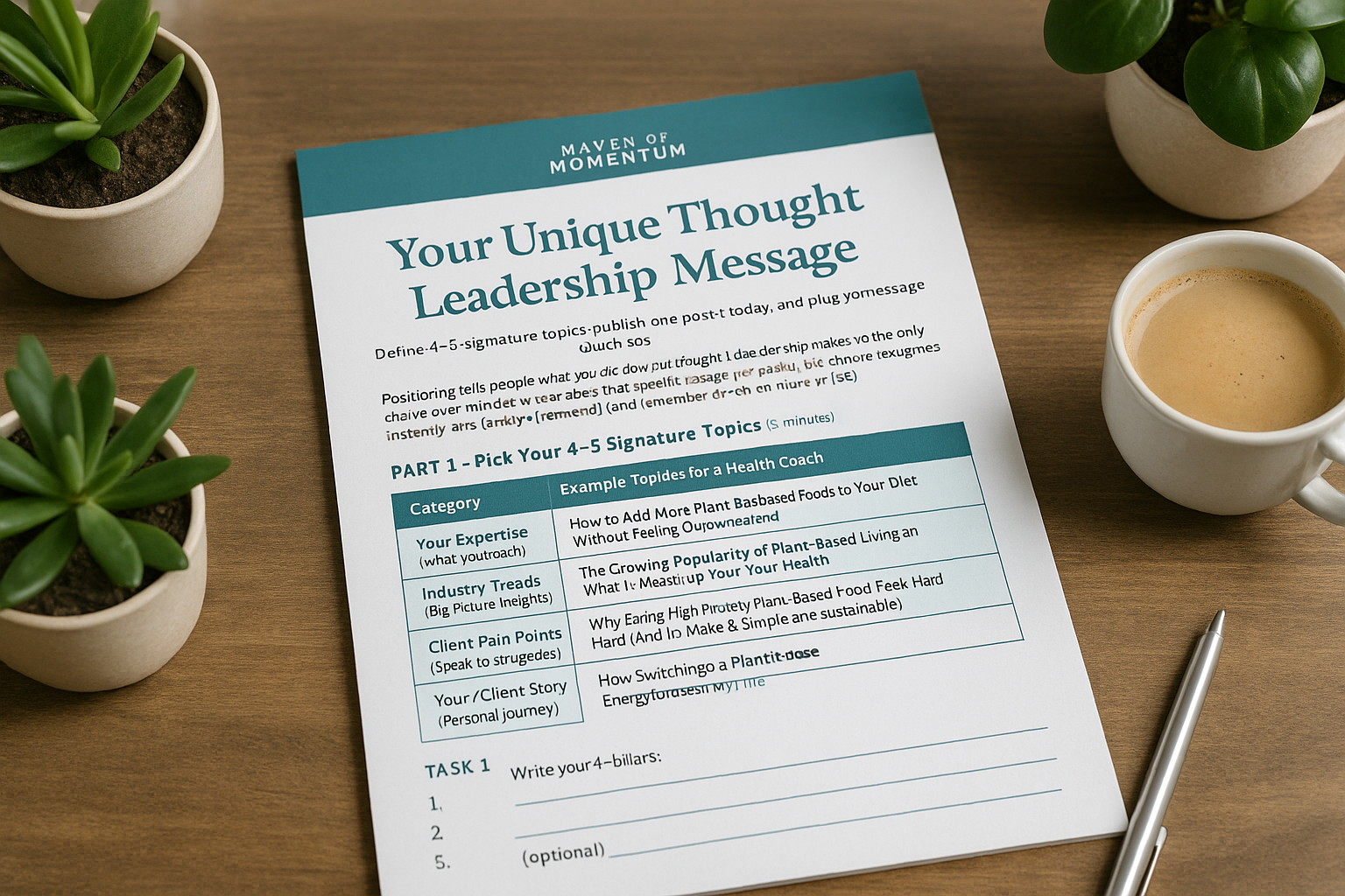 A worksheet titled "Your Unique Thought Leadership Message," surrounded by plants and a coffee cup, outlines signature topic ideas for health coaches. AI generated Image.