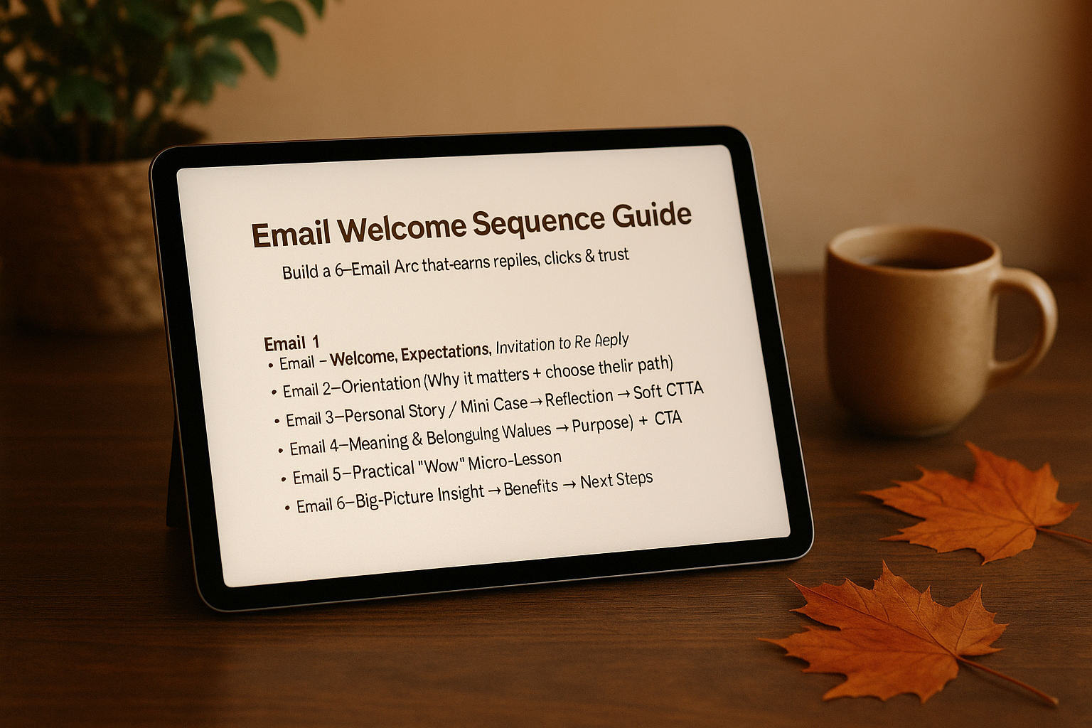 A tablet displaying an "Email Welcome Sequence Guide" with steps for effective email communication, accompanied by a coffee cup and autumn leaves. AI generated Image.