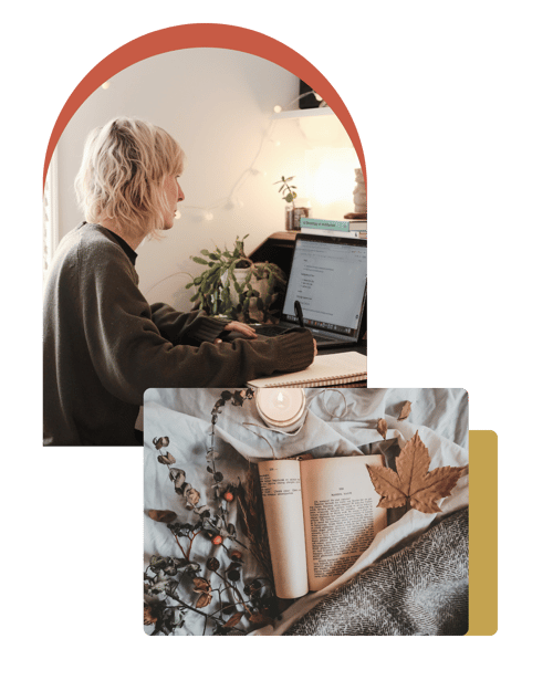 Collage of two images top left of Jo Delacourt working at her desk bottom right an overhead view of a book on a bed in a cozy setting with a candle