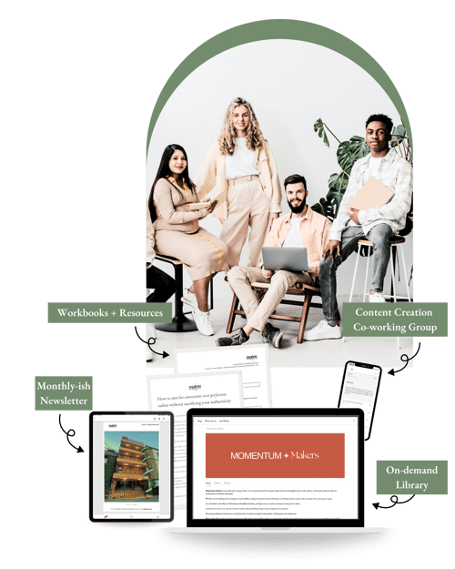 A collage featuring a diverse group of entrepreneurs, mockups of course worksheets, a laptop displaying the course interface, and an iPhone showing a calendar, each labeled to highlight its purpose.