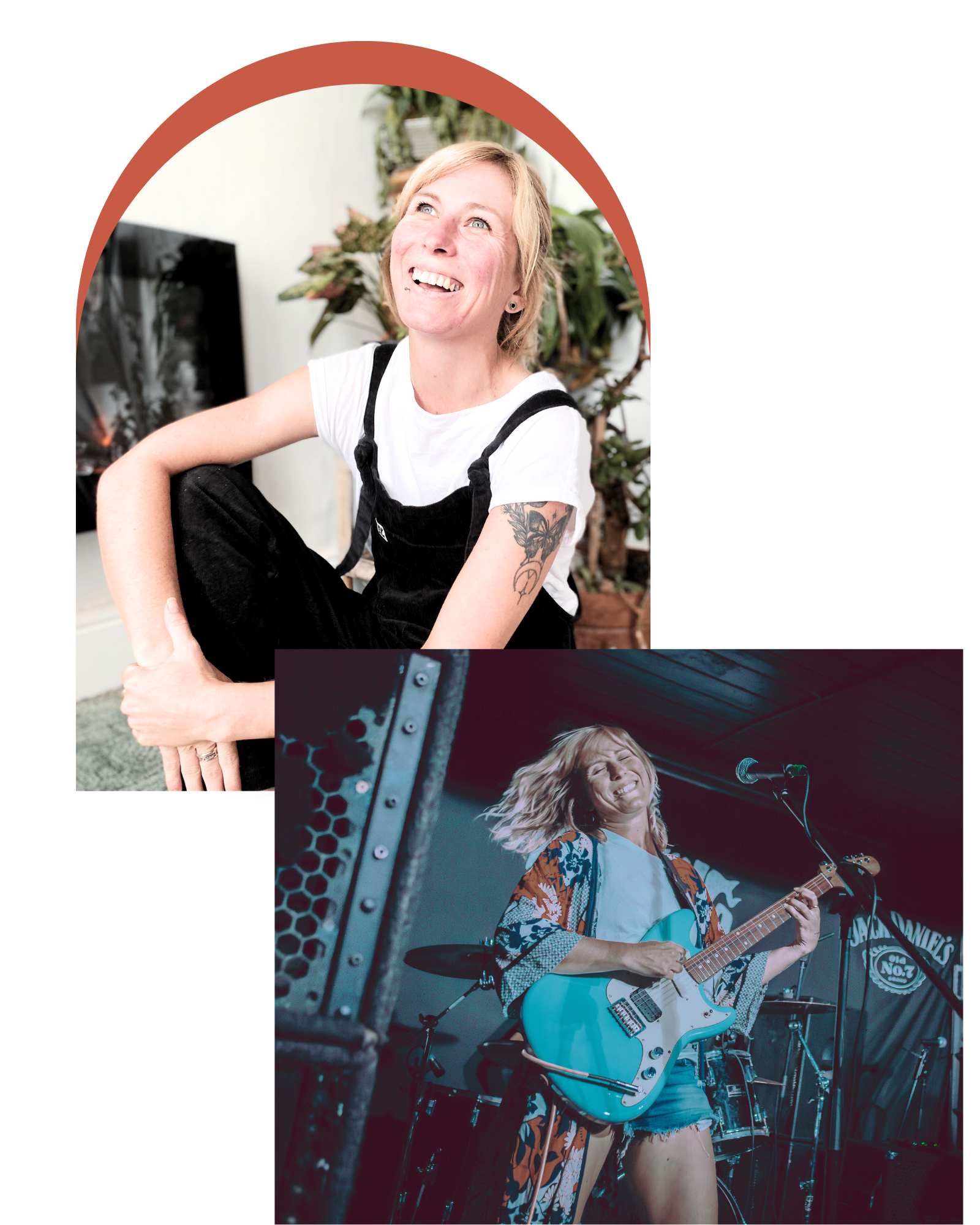 A collage of two images: the top shows Jo Delacourt laughing and looking away from the camera, and the bottom captures Jo playing guitar and smiling during a gig with her indie-punk band, Raisin Awareness. A collage of two images: the top shows Jo Delacourt laughing and looking away from the camera, and the bottom captures Jo playing guitar and smiling during a gig with her indie-punk band, Raisin Awareness.