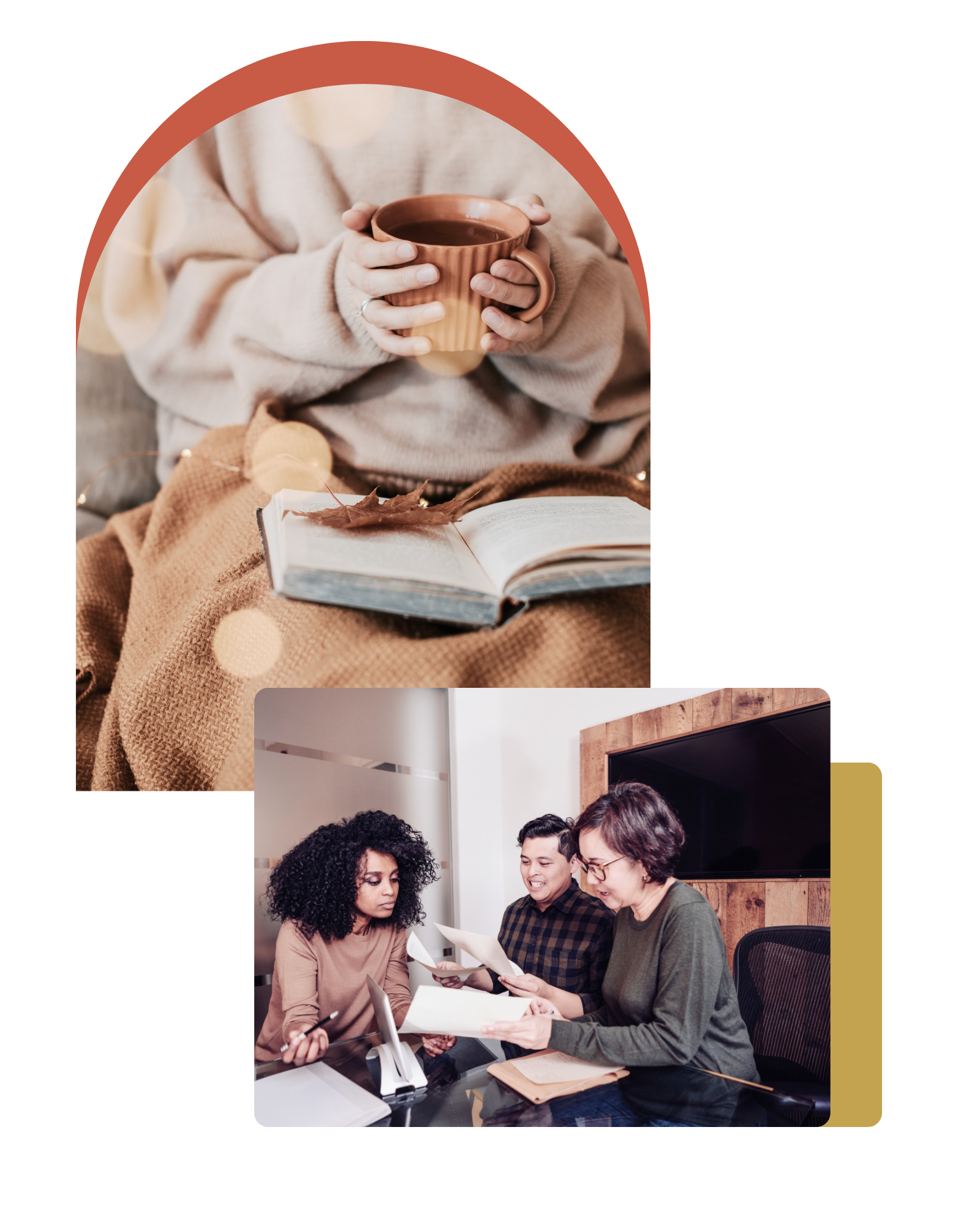 A cozy scene featuring a person holding a cup of tea next to an open book, contrasted with a group meeting around a table.