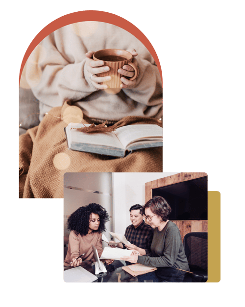 A cozy scene featuring a person holding a cup of tea next to an open book, contrasted with a group meeting around a table.