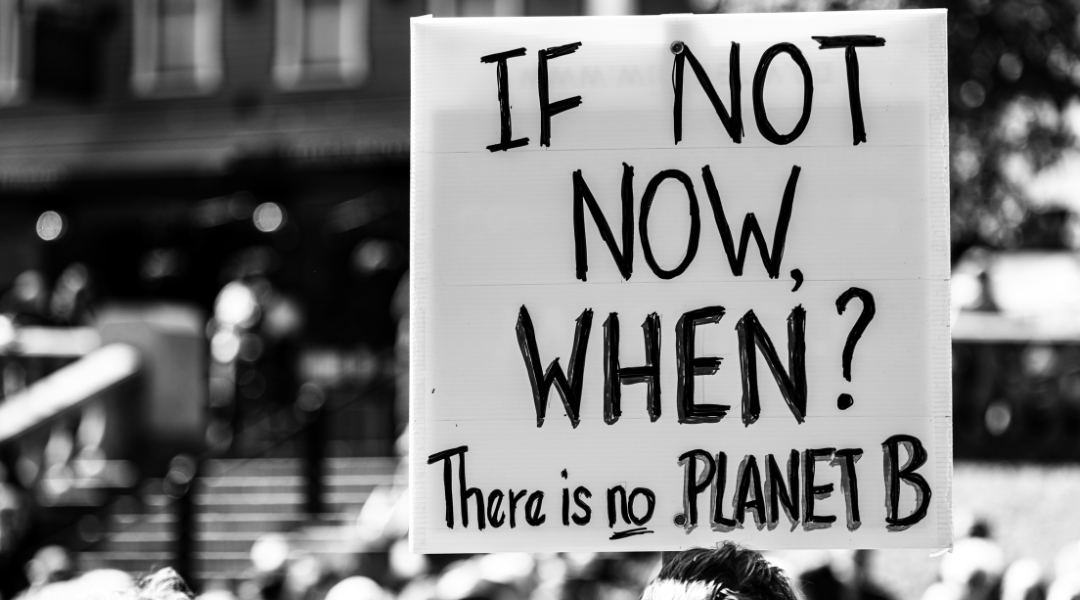 A protest placard reading 'If not now, then when, there's no planet B,' symbolizing urgency and values-driven action.