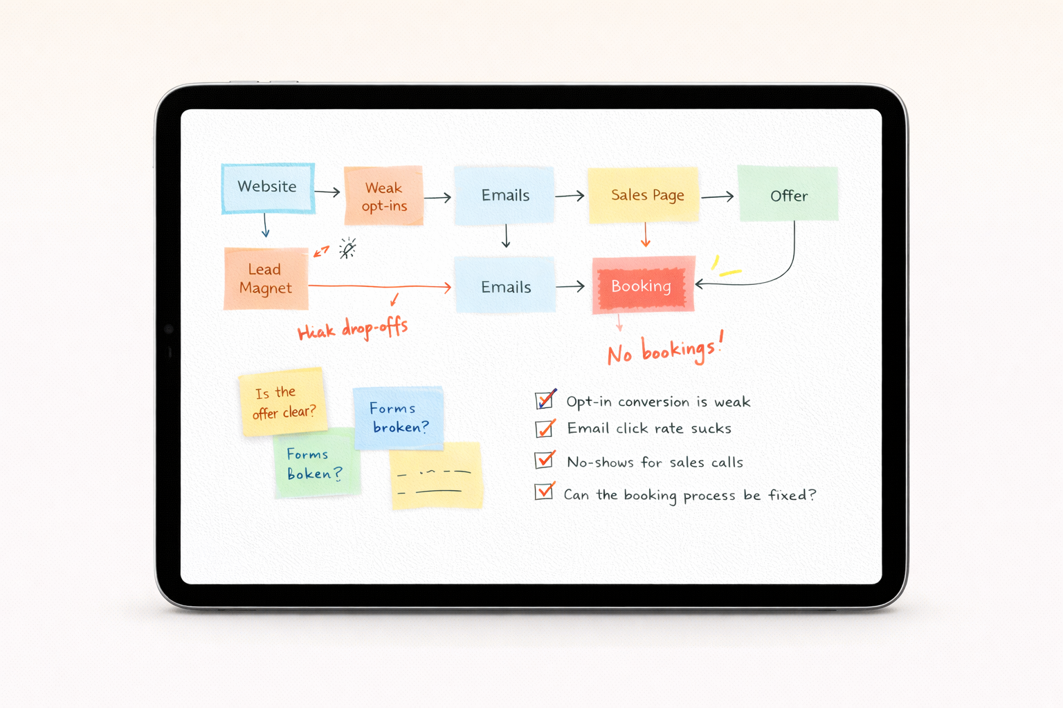 iPad showing a visual map of a business system with highlighted drop-offs and areas to fix.