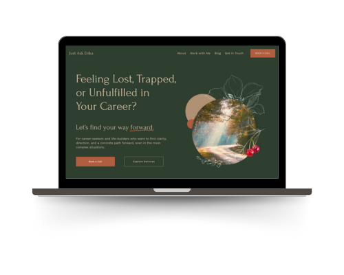 A laptop displaying a website offering career guidance with a calming green background and motivational text inviting exploration and support.