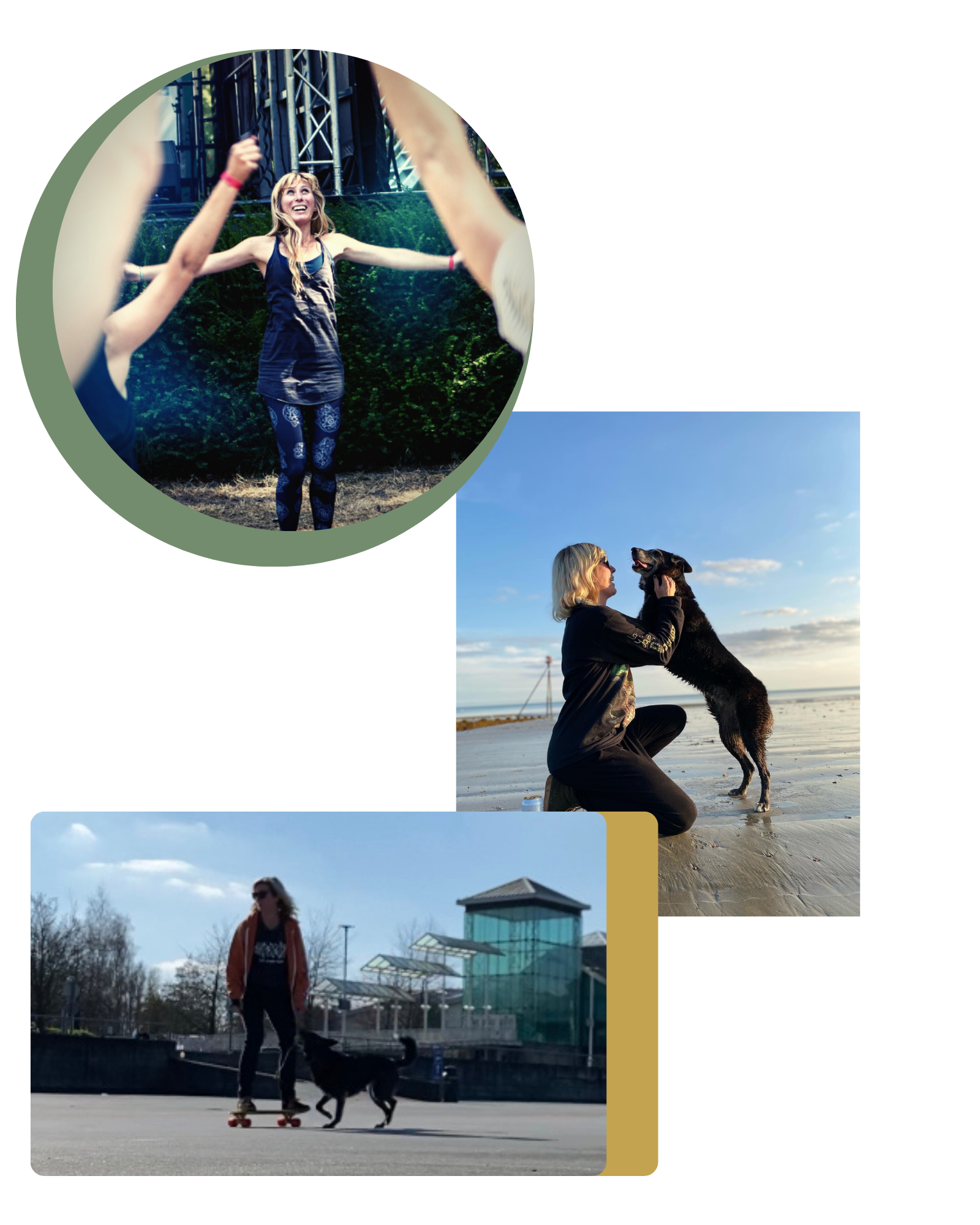 A collage of Jo teaching Punk Rock Yoga, the middle is her on the beach with her dog Kiba, and the bottom image is Jo skateboarding with Kiba. A collage of Jo teaching Punk Rock Yoga, the middle is her on the beach with her dog Kiba, and the bottom image is Jo skateboarding with Kiba.
